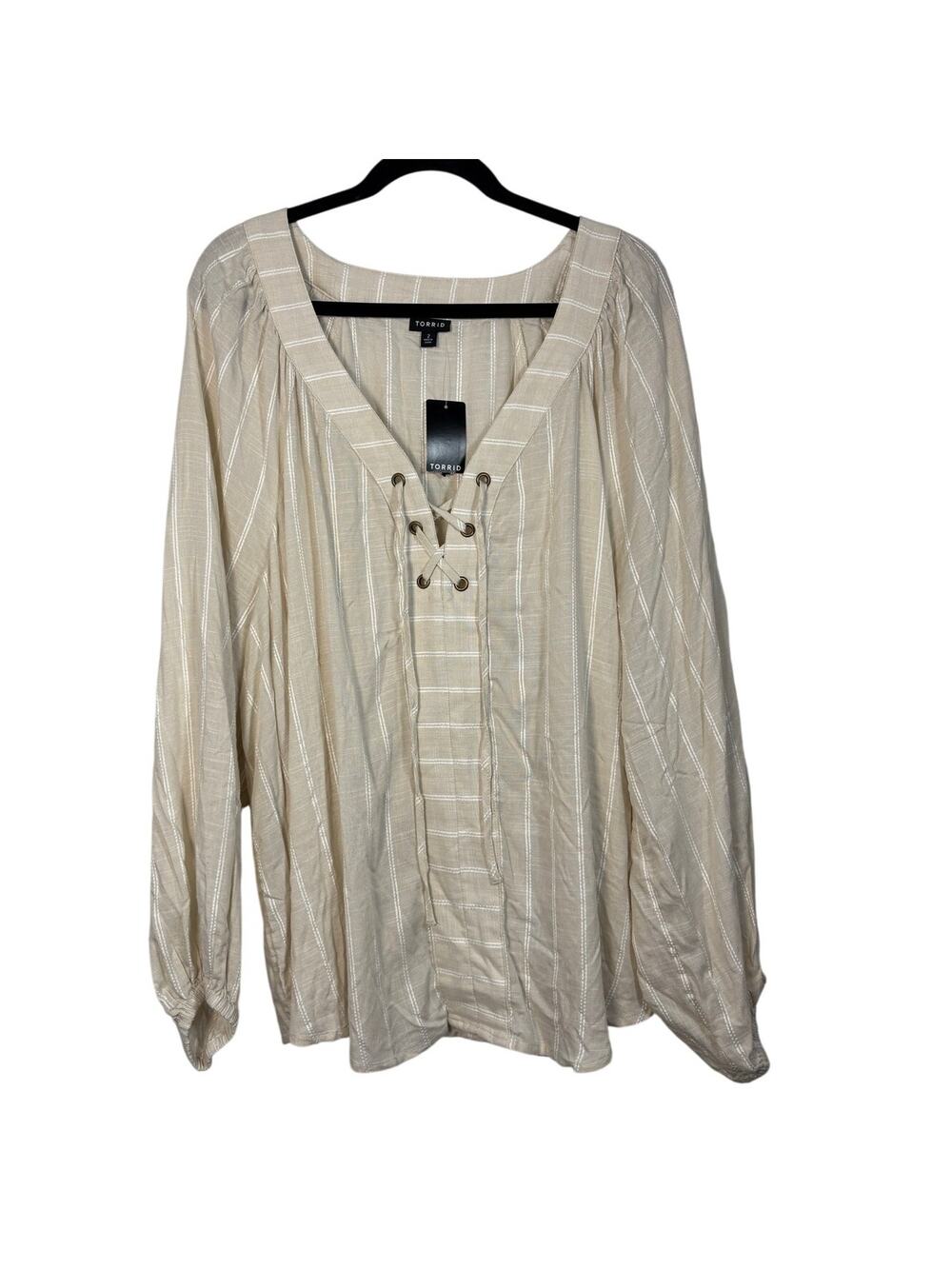 TORRID Beige Stripe Crosshatch Linen Lace Up Peasant Blouse Plus Size 2X NEW